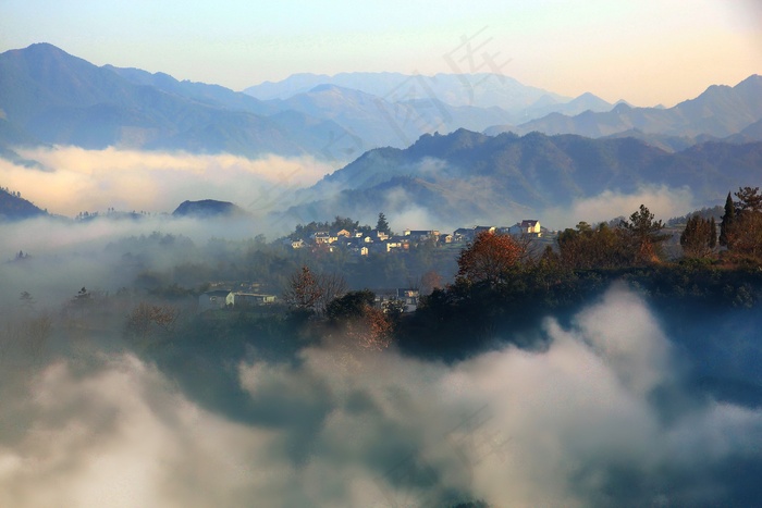 *, 安徽皖南、云海、古村、远山, 霞光