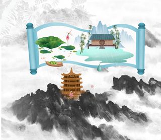 水墨山水画卷轴空白模板