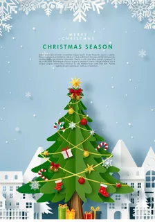 创意剪纸风圣诞节圣诞树圣诞老人麋鹿雪花3D立体海报