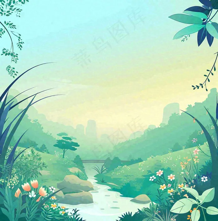 春天山脉小溪河流花丛绿植清新手绘插画，春分惊蛰(1024x1040)