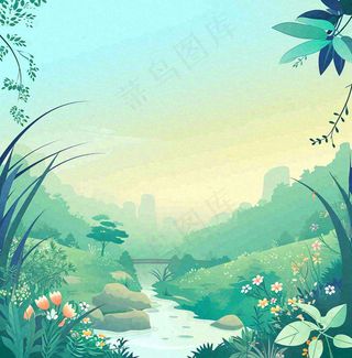 春天山脉小溪河流花丛绿植清新手绘插画，春分惊蛰