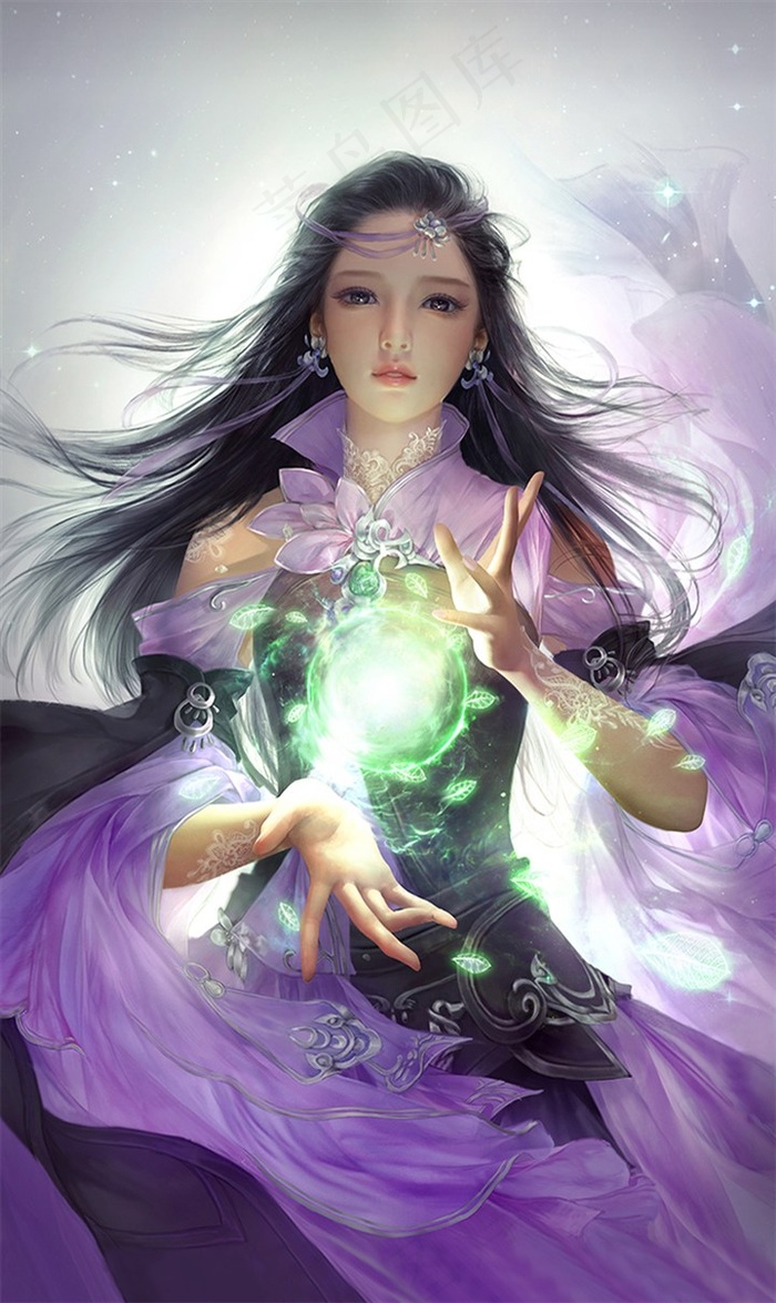 唯美施法紫衣美女人物插画