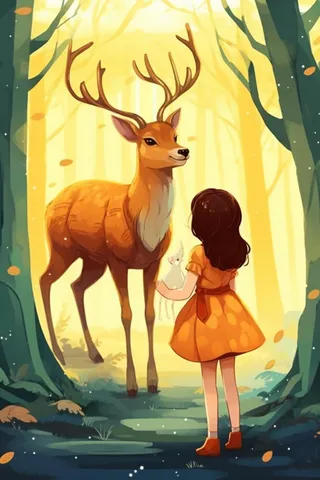 清新简约女孩与鹿森林插画背景