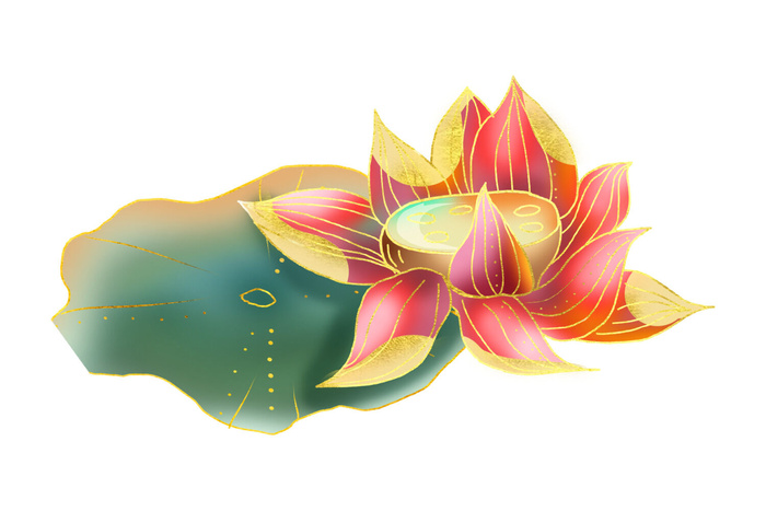 国潮中国风手绘荷花莲花荷叶莲藕植物花卉装饰插画PSD设计素材