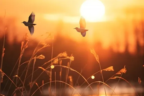 落日枝叶露珠意境晚霞背景