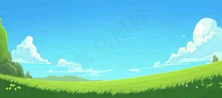 春天卡通扁平插画手绘蓝天绿色草地，春游，郊游，踏青