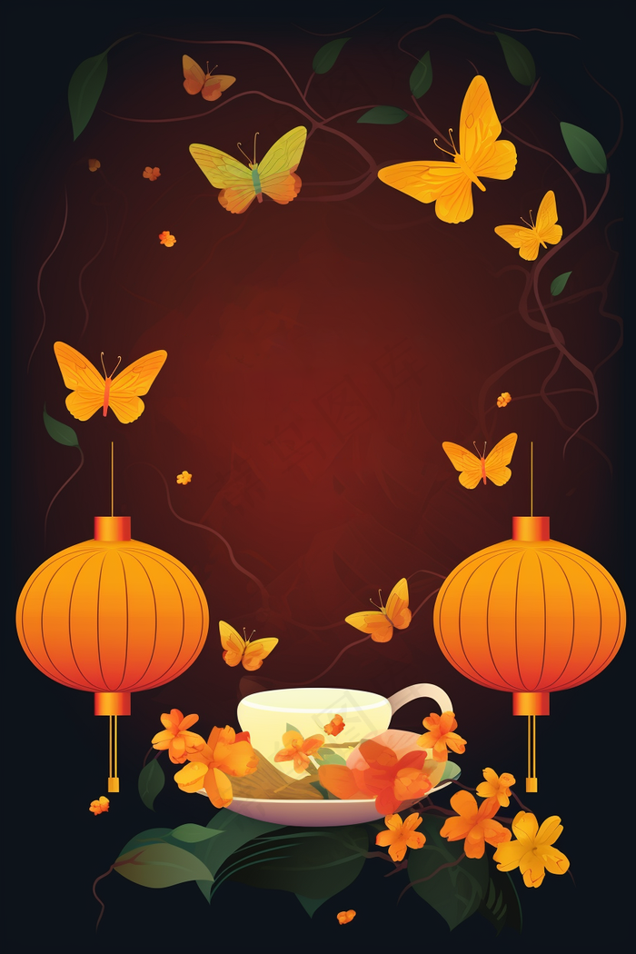 中秋月亮灯笼蝴蝶植物暗红插画素材背景(2688x4032)