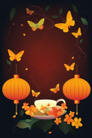 中秋月亮灯笼蝴蝶植物暗红插画素材背景