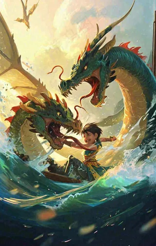 海上船只传说龙怪兽古风插画手绘