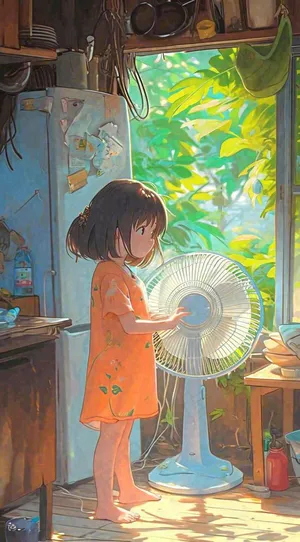 夏天炎热夏至室内小孩儿童吹风扇手绘插画