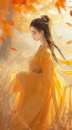 中国风秋天秋叶橙色古风美人手绘插画