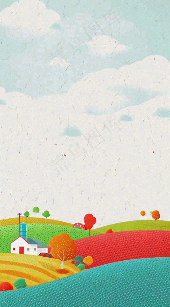 清新山脉草坪点线面扁平屋子树木手绘插画(816x1472)