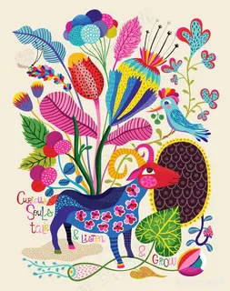 水彩山羊花卉鸟插画 水彩山羊花卉鸟插画