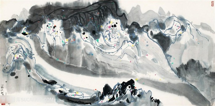 吴冠中手绘水墨山脉高清风景画