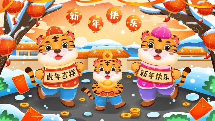 虎年中国风萌虎插画psd模版下载