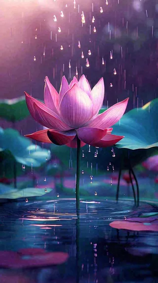 夏天下雨池塘里盛开的荷花特写，立夏，夏至