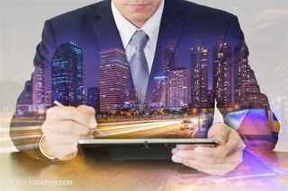 城市夜景与商务人士双重曝光高清图