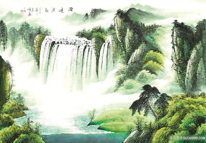 源远流长高清挂画卷素材山水字画喷绘打印原图风景画