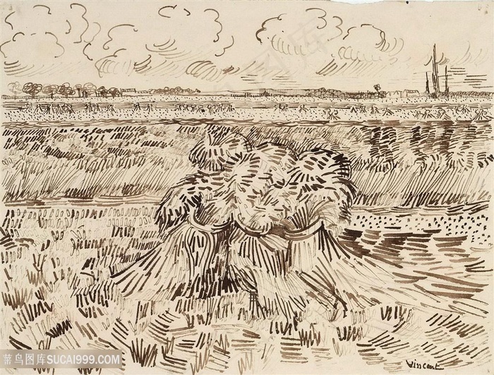 带轮麦田手绘风景画