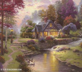 溪流唯美草地乡村美景油画