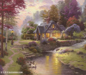 溪流唯美草地乡村美景油画 溪流唯美草地乡村美景油画