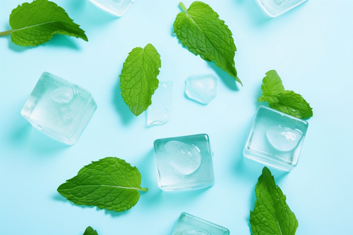 :一张照片是浅蓝色背景下的几个方形冰块和绿色薄荷叶