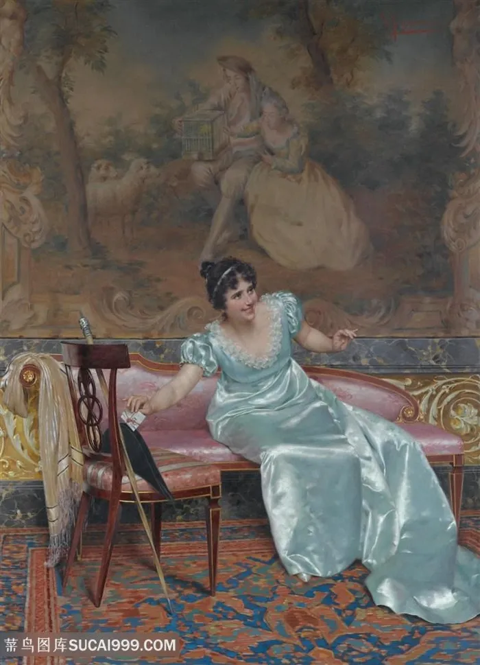 欧洲宫廷坐在沙发上的贵妇油画
