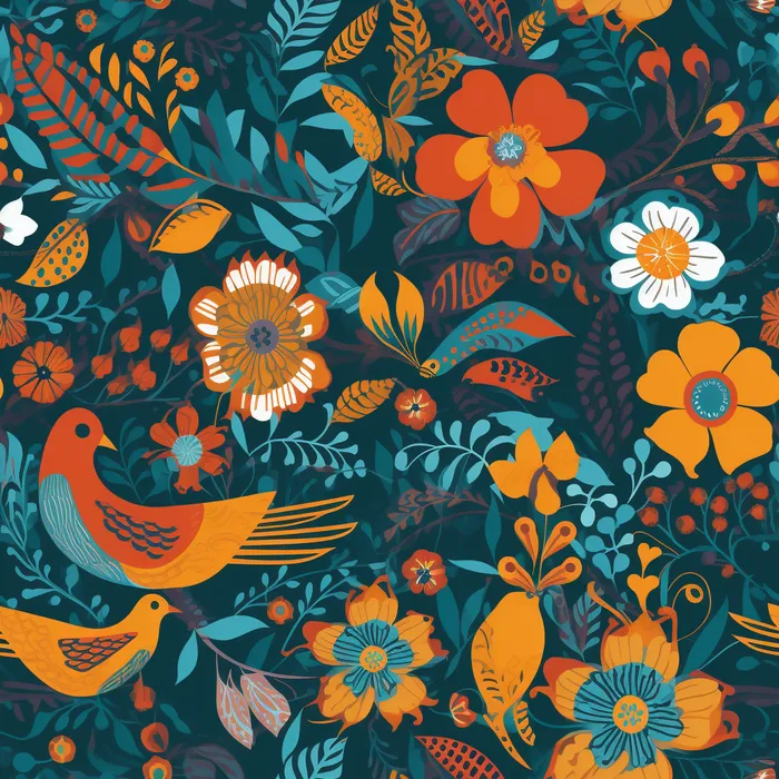 花鸟图，插画风格，无缝贴图，素材