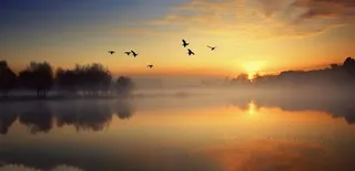 夕阳湖面倒影风光背景