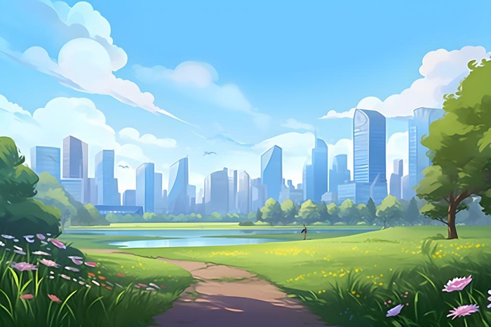 城市风光建筑草地背景