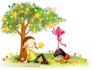 摘星星的小女孩小猫插画