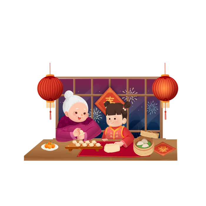 虎年新年场景包饺子舞狮鞭炮年夜饭手绘