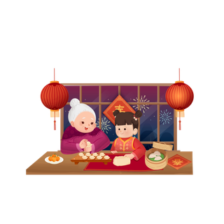 虎年新年场景包饺子舞狮鞭炮年夜饭手绘