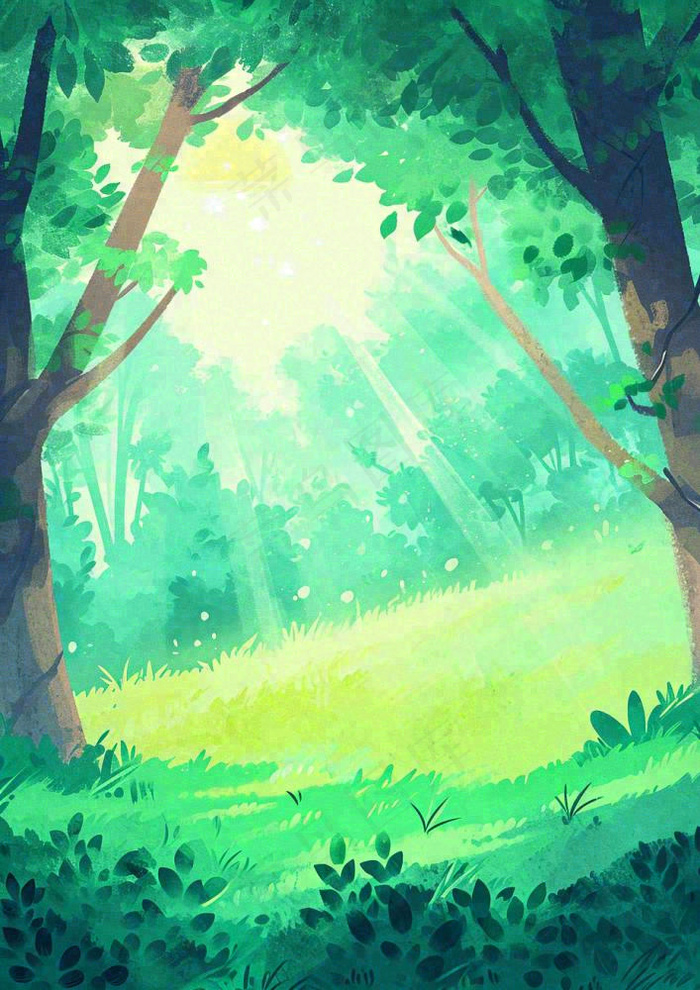 春意盎然的树林里阳光洒下绿草茵茵的水彩画(928x1312)