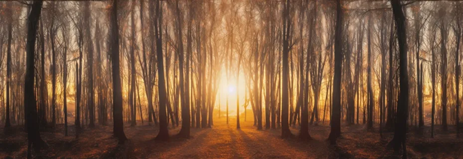 日出日落阳光照射在森林的树上摄影图