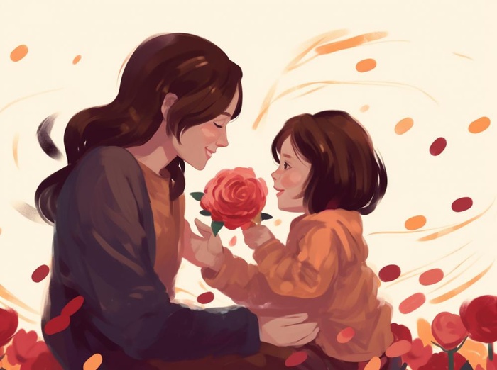 母亲节妈妈拥抱着孩子花海手绘插画素材海报背景(1264x944)