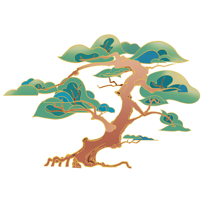 国潮风松树松枝松柏树木手绘植物装饰图案元素PSD设计素材