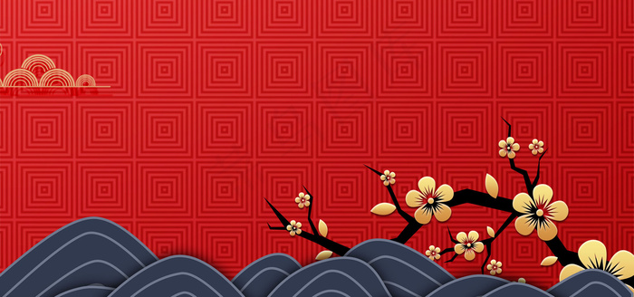 手绘国潮风展板新年梅花背景(1920x900)psd模版下载
