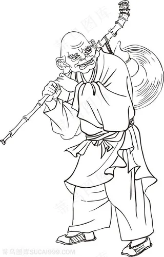长相怪异的和尚手绘线描108罗汉矢量绘画图片