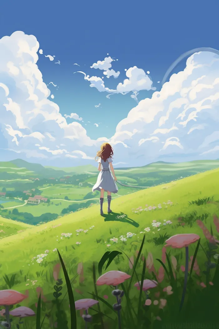 夏日天空女孩站在山上眺望远方草丛小花绿色卡通插画素材(x)