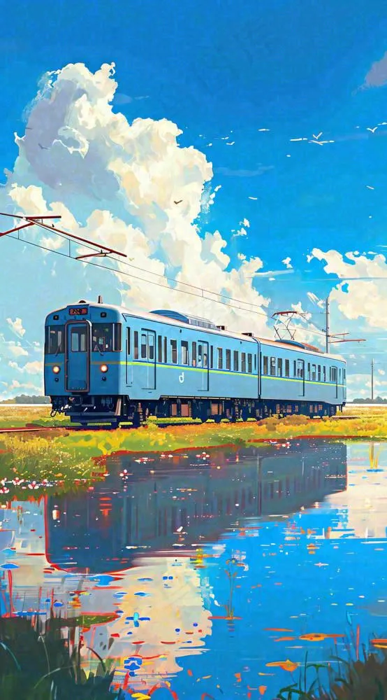 蓝天白云下草地河流高铁火车铁路手绘插画(816x1472)