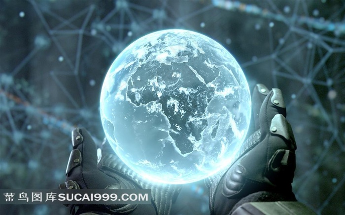 一双机械手捧着地球模型能量球创意图