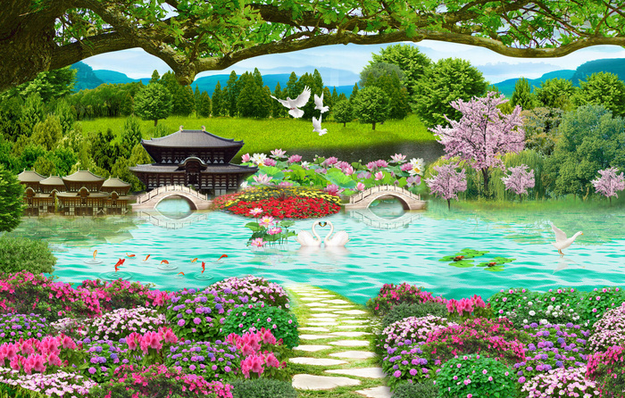 流水生财花卉高山背景风景psd模版下载