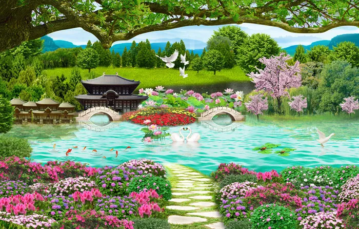 流水生财花卉高山背景风景psd模版下载