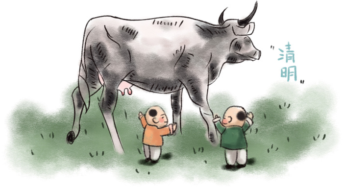 清明清明节卡通牛和小孩