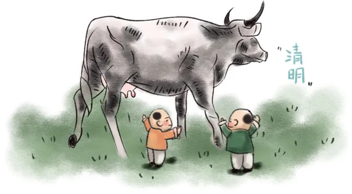 清明清明节卡通牛和小孩