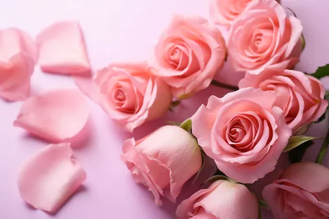 粉色玫瑰花瓣在粉色背景摄影图