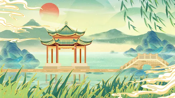 中国风国潮烫金仙鹤山水古建筑风景装饰插画背景PSD分层设计素材 中国风国潮烫金仙鹤山水古建筑风景装饰插画背景PSD分层设计素材