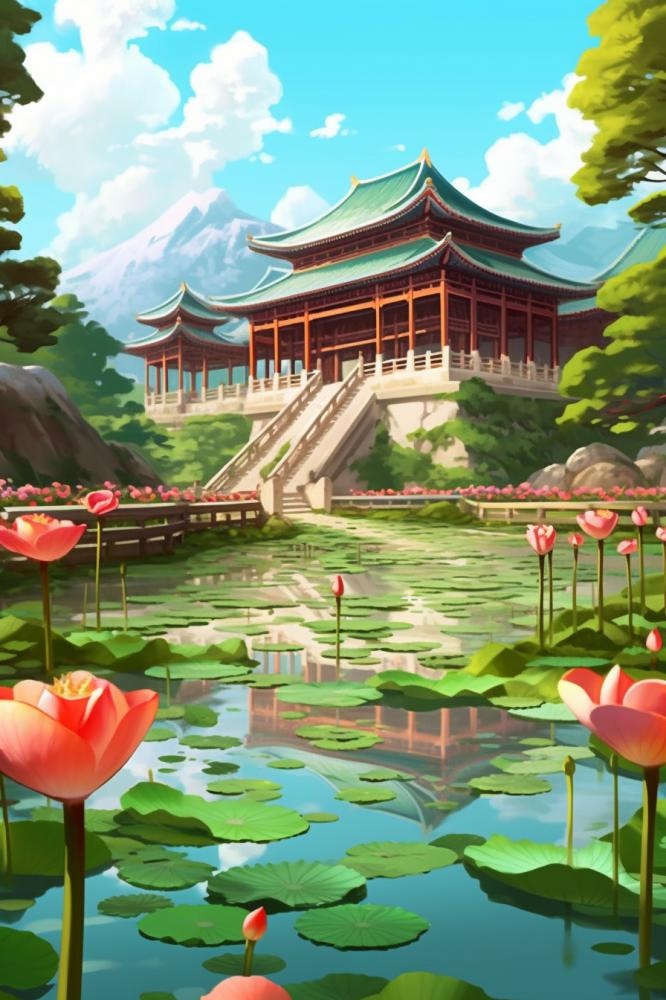 古风建筑荷花池典雅背景(896x1344)