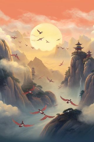 国潮仙鹤国风山脉背景